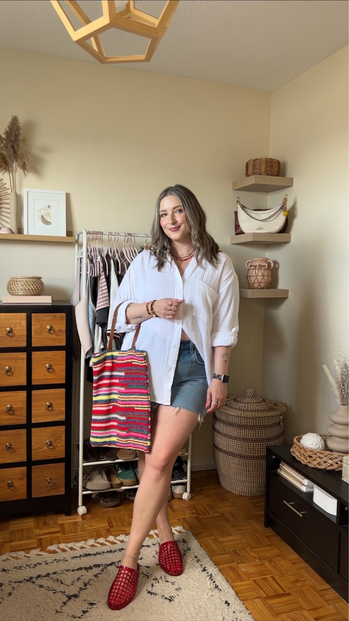 Easy summer outfit! Wearing my usual size L in the white button up shirt, sized up to 32 in the denim shorts, code AFLTK for 20% off at Abercrombie! Jelly shoes are quite comfy, I’m a 9.5-10 shoe and wear a 10. Canadian shoe and bag links are under “similar products”

#LTKsummer #LTKsale #LTKmidsize