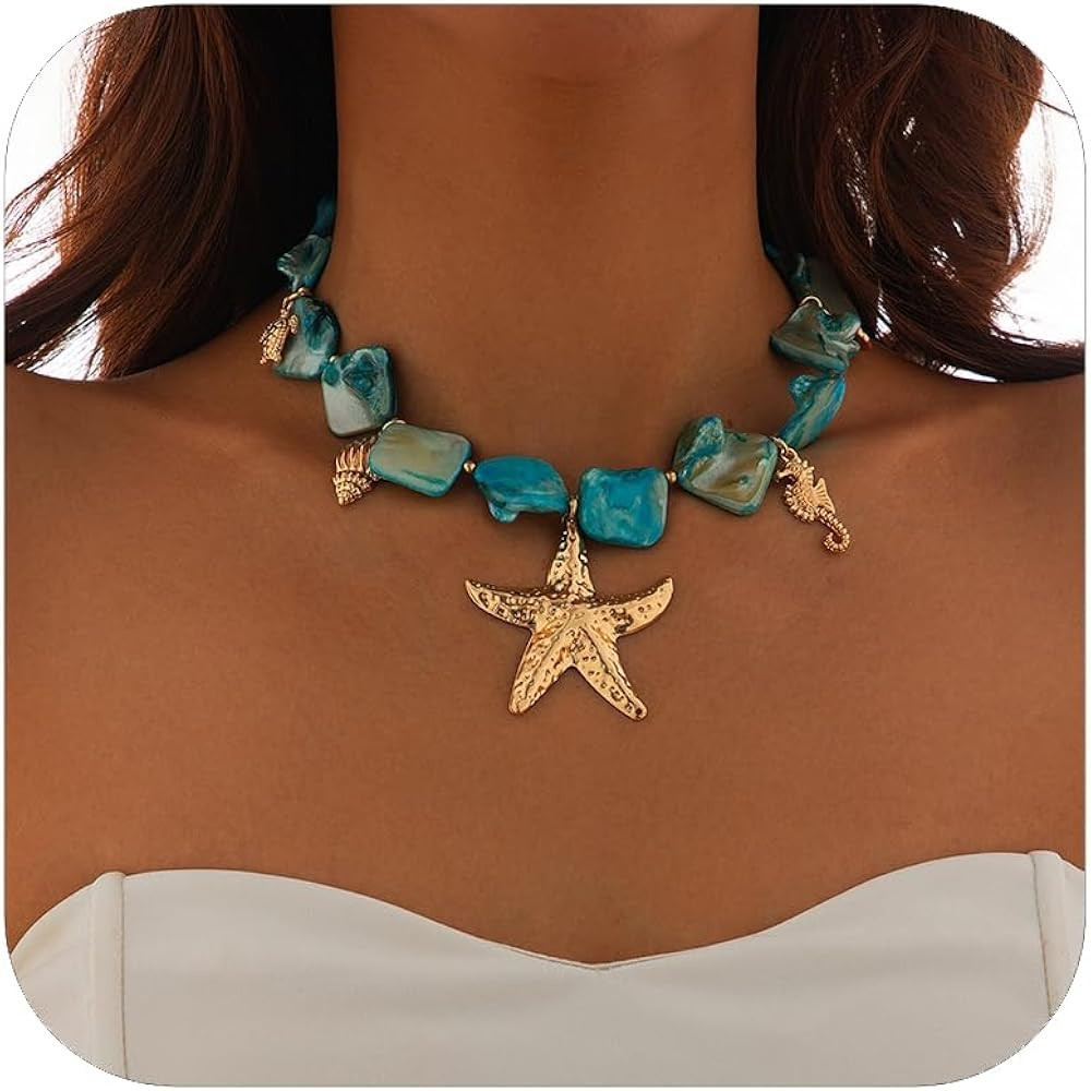 Chunky Pearl Necklace&Bracelet for Women Beach Starfish Shell Boho Statement Jewelry Vacation Fre... | Amazon (US)