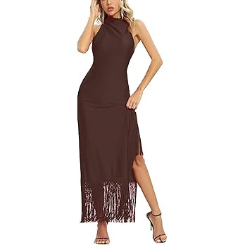 Aigeman Women Vintage Flapper Dresses 1920s Great Gatsby Halter Fringed Maxi Dress Tassels High S... | Amazon (US)