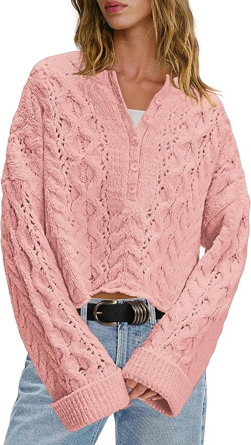 LAMISSCHE Cable Knit Sweater Women Cropped Sweaters Oversized Fall Sweaters Long Sleeve Half Butt... | Amazon (US)