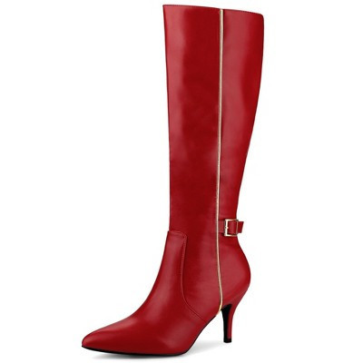 Allegra K Women's Pointy Toe Buckle Decor Side Zip Stiletto Heel Knee High Sock Boots Red 9 | Target
