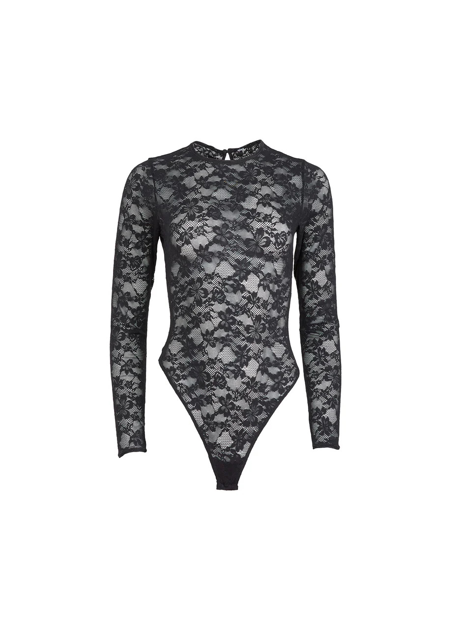 Black Le Stretch Lace Long Sleeve Bodysuit | Fleur du Mal | Fleur du Mal