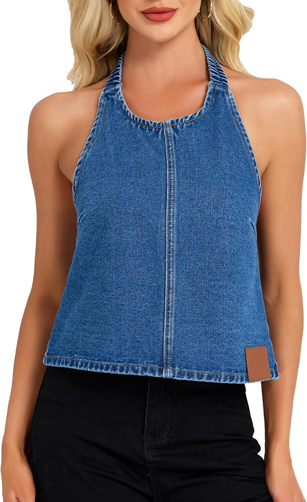 Ladyful Women\u2019s Halter Denim Vest Sleeveless Buckle Open Backless Jean Vests Top Casual Crew... | Amazon (US)