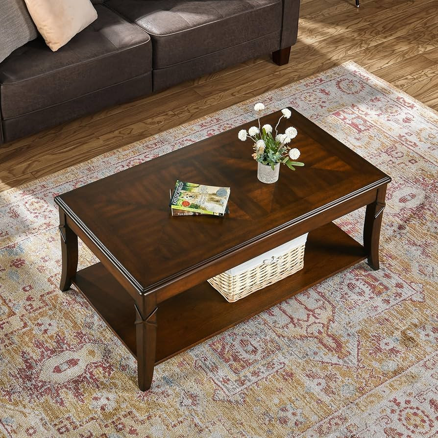 Solid Wood Coffee Table with Storage Shelf, Mid Century Modern Rectangle Coffee Table for Living ... | Amazon (US)