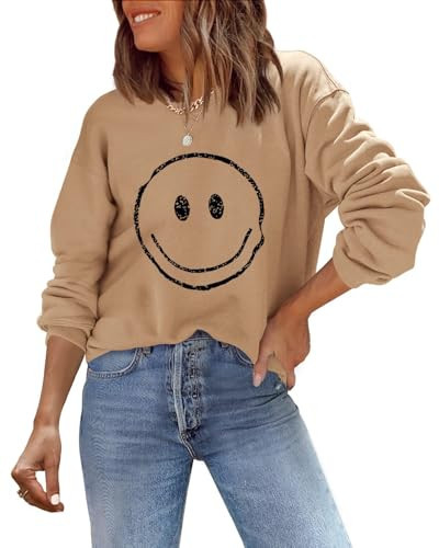 ReachMe Womens Smile Face Sweatshirt Cute Trendy Graphic Sweatshirts Casual Loose Long Sleeve Crewneck Pullover Tops(1 Beige,S) | Amazon (US)