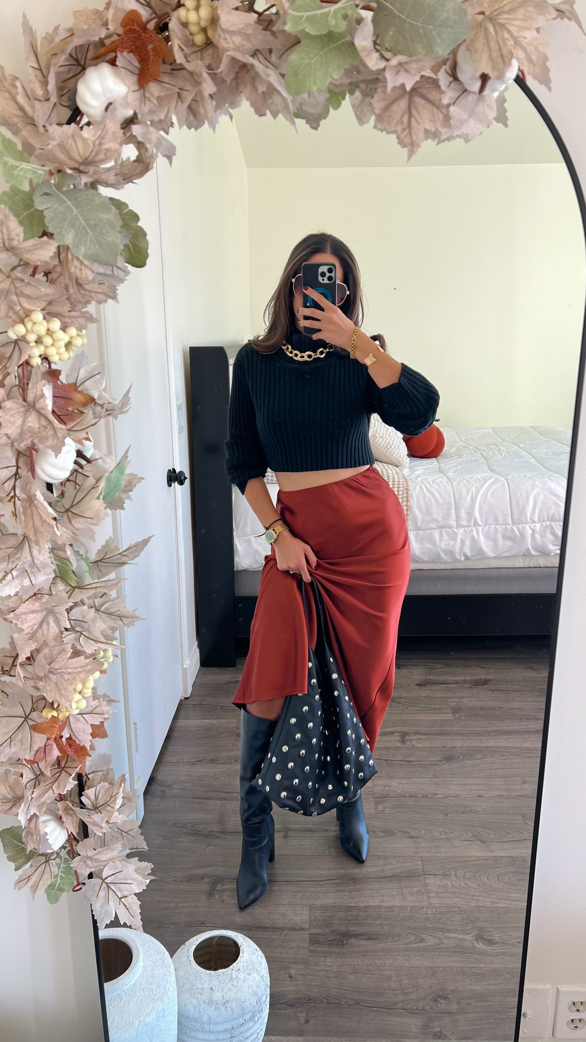 Casual chic Thanksgiving outfit idea with a satin skirt and sweater, wearing small in both

#LTKFindsUnder50 #LTKSeasonal #LTKStyleTip