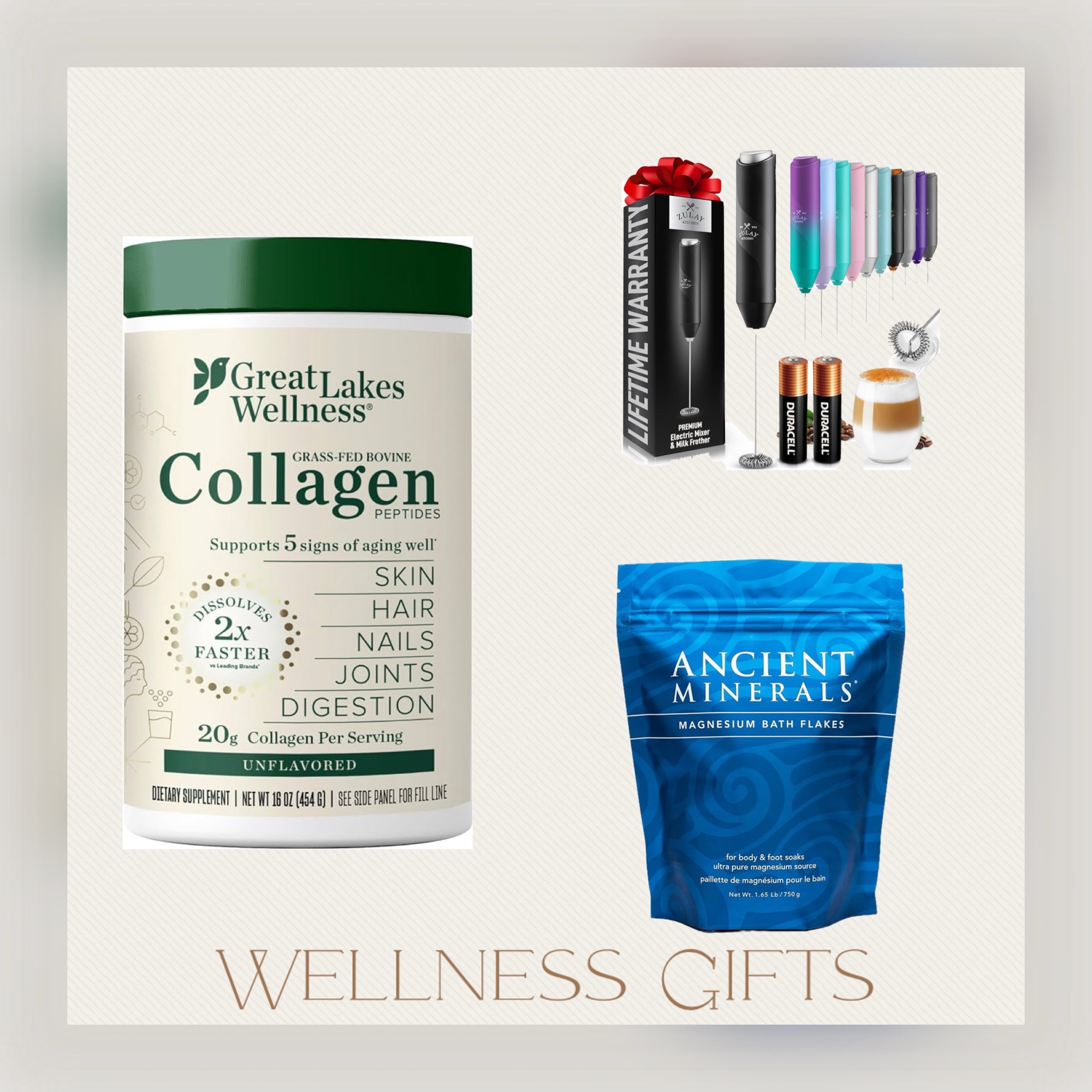 Wellness gift ideas | collagen protein | milk frother for collagen| magnesium flakes | health| wellness | 

#LTKHoliday #LTKSeasonal #LTKGiftGuide