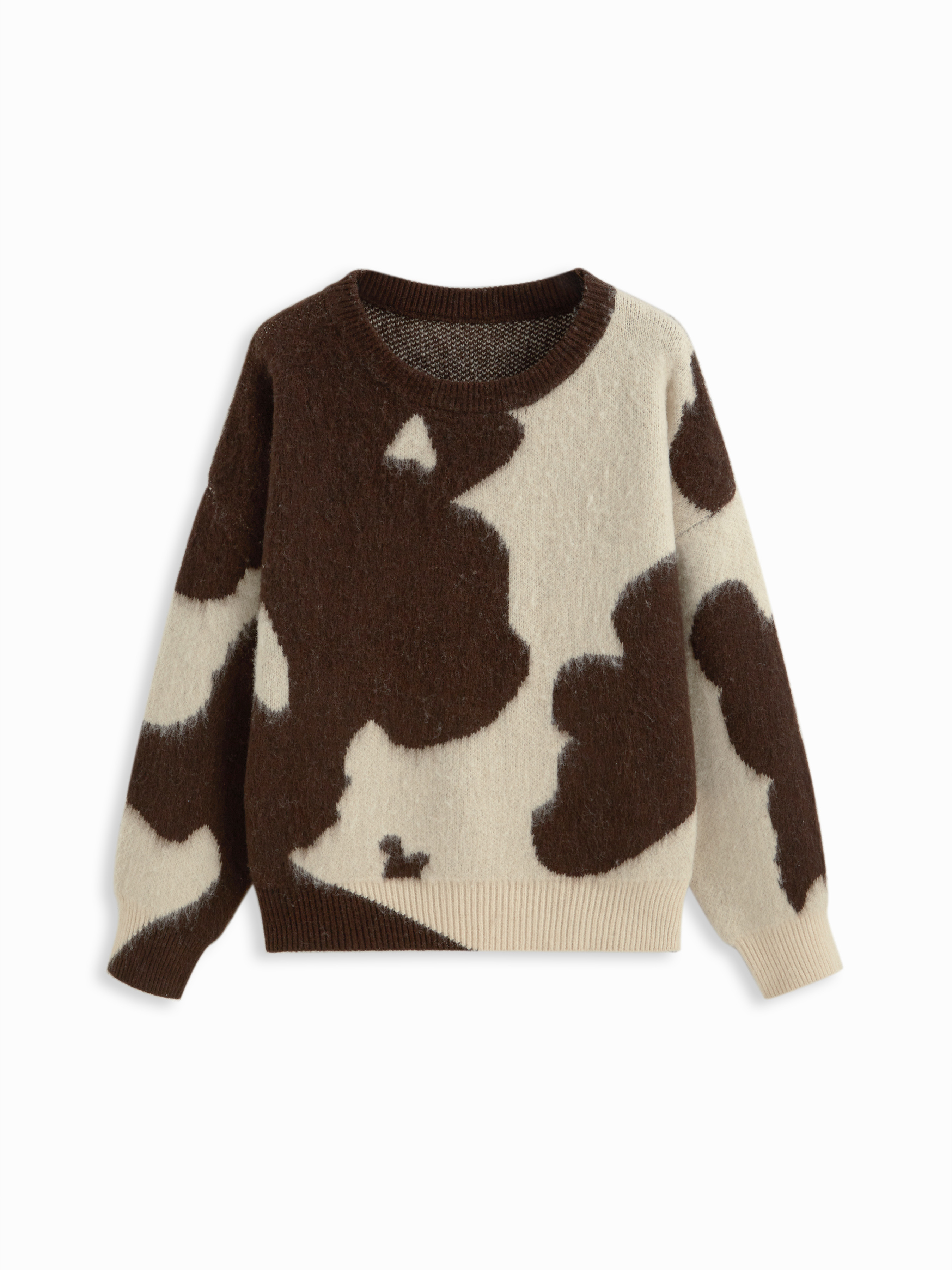 Knit Fabric Knit Wool-blend Cow Pattern Round Neckline Long Sleeve Oversized Top For Daily Casual | Cider