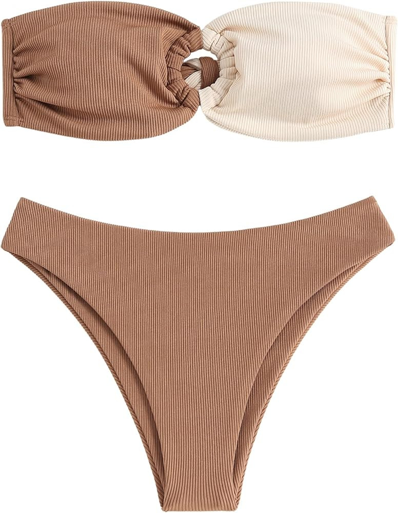ZAFUL Women's Bandeau Bikini O Ring Strapless Tie Back High Cut Two Piece Swimsuit Bathing Suits | Amazon (US)