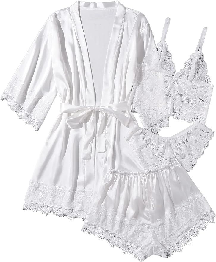 WDIRARA Women' Silk Satin Pajamas Set 4pcs Lingerie Floral Lace Cami Sleepwear with Robe | Amazon (US)