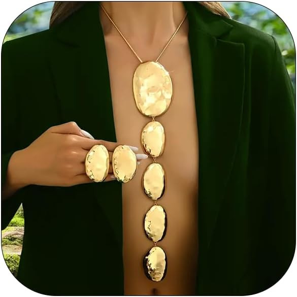 Statement Necklace Earrings Set Gold Chunky Geometric Hammered Pendant Necklace Earrings Retro Ir... | Amazon (US)