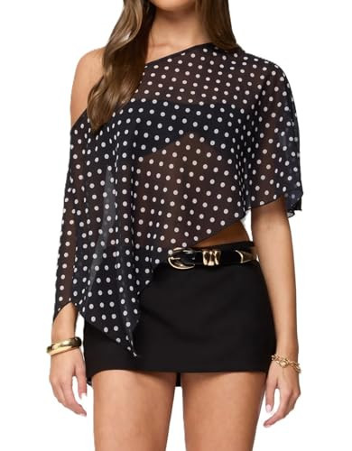 Women Chiffon Polka Dot Poncho Sheer Mesh Cape Shawl Wraps Off Shoulder See Through Cover Up Top (b black, S) | Amazon (US)
