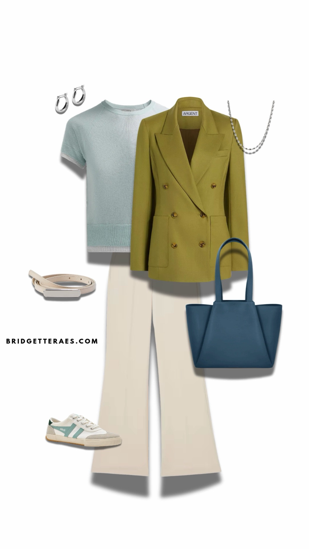 This outfit is a refreshing reminder that power dressing doesn’t have to rely on black and navy. The soft aqua knit brings an approachable, polished feel, while the chartreuse double-breasted blazer introduces an unexpected pop of color that feels confident, modern, and unmistakably executive. Ivory wide-leg trousers create a clean, elongating silhouette that keeps the palette light and sophisticated, while the structured blue tote grounds the look with a rich, professional contrast. Silver accessories and a sleek ivory belt add just the right amount of refinement, and the coordinating retro-inspired sneakers make this an ideal choice for leaders whose days include everything from walking expansive campuses and touring properties to client meetings, travel days, or creative strategy sessions. It’s proof that comfort and authority can absolutely coexist—thoughtfully tailored, effortlessly elevated, and full of personality without sacrificing professionalism.

#LTKgrwm #LTKootd #LTKWorkwear