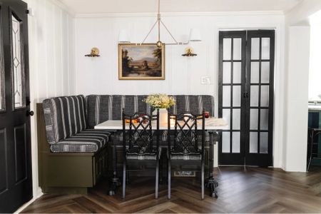 DIY Bistro Table & Banquette! See the blog for more details!

breakfast nook, bistro table, French striped upholstery, herringbone floors, l aged brass fixtures, Parisian bistro right, kitchen, vintage modern, vinyl floors


#LTKhome #LTKstyletip