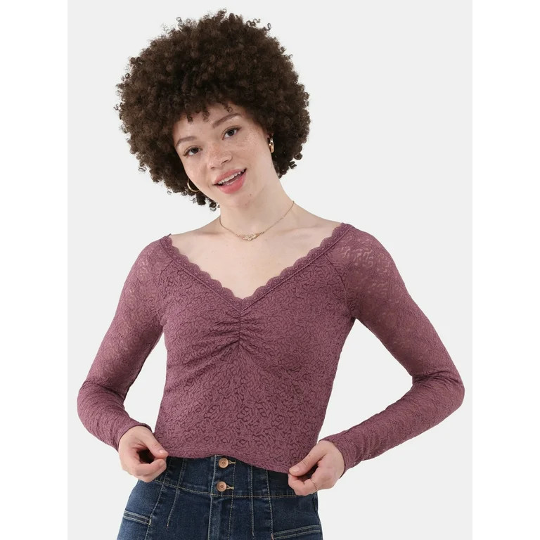 No Boundaries Lace V-Neck Top with Long Sleeves, Women’s - Walmart.com | Walmart (US)