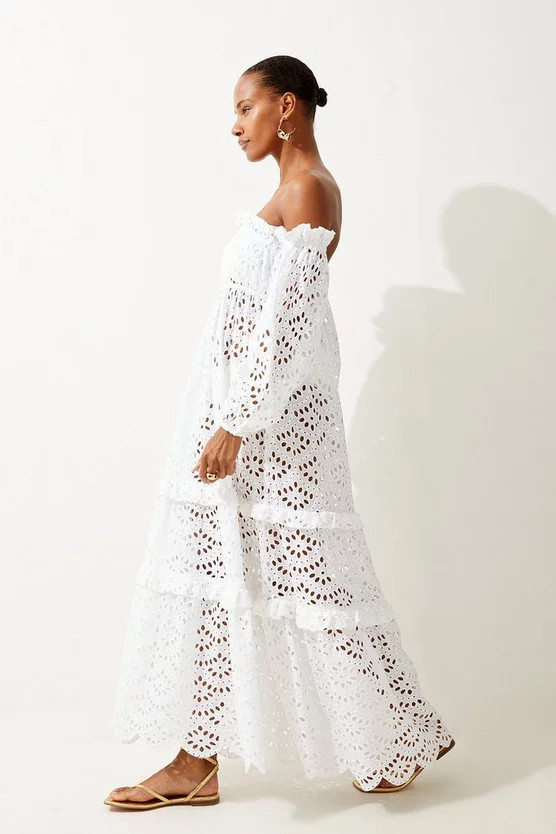 Off Shoulder Eyelet Maxi Beach Woven Dress | Karen Millen US