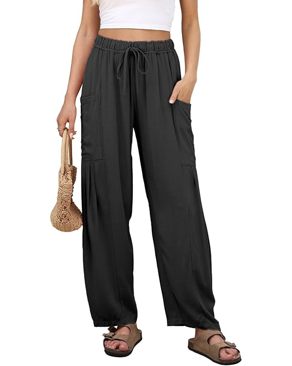 Duyang Women Linen Wide Leg Pants Casual Summer Palazzo Pants Beach Vacation Outfits Flowy Loose ... | Amazon (US)