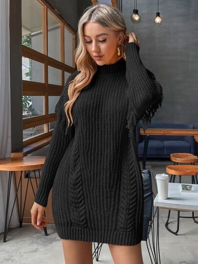 Raw Trim Cable Knit Sweater Dress | SHEIN