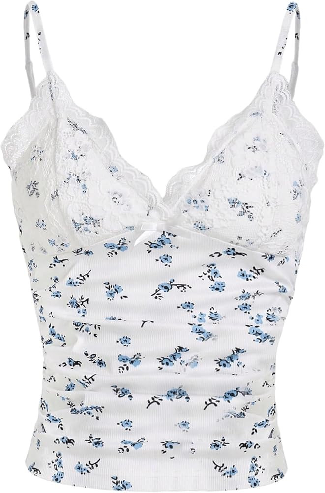 MakeMeChic Women's Halter Top Y2K Lace V Neck Ruched Low Cut Halter Tank Tops Camisole Tops | Amazon (US)