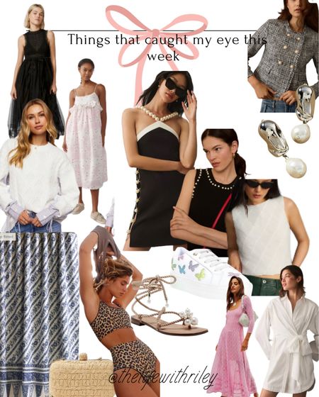 Things that caught my eye this week 

🖤 black tulle dress 
💗 pink floral midi dress 
🐑 blue and white sweater 
🚿 blue and white shower curtain 
🐆 leopard print bikini 
👡 rope gladiator sandal
💕 pink midi dress 
👚 white shirt dress 
🤍 white textured shell tank 
⚪️ hammered pearl earrings 
🧥 tweed jacket 
🔲 pearl tank sweater 
🦋 butterfly white sneakers 
🕶️ black and white pearl dress 

Ballet core, ballet inspired, Barbie core, quiet luxury, classic style, classic outfit, quiet luxury vibes, timeless fashion, black and white, blue and white, soft pinks, feminine fashion 

#LTKFind #LTKSeasonal #LTKstyletip