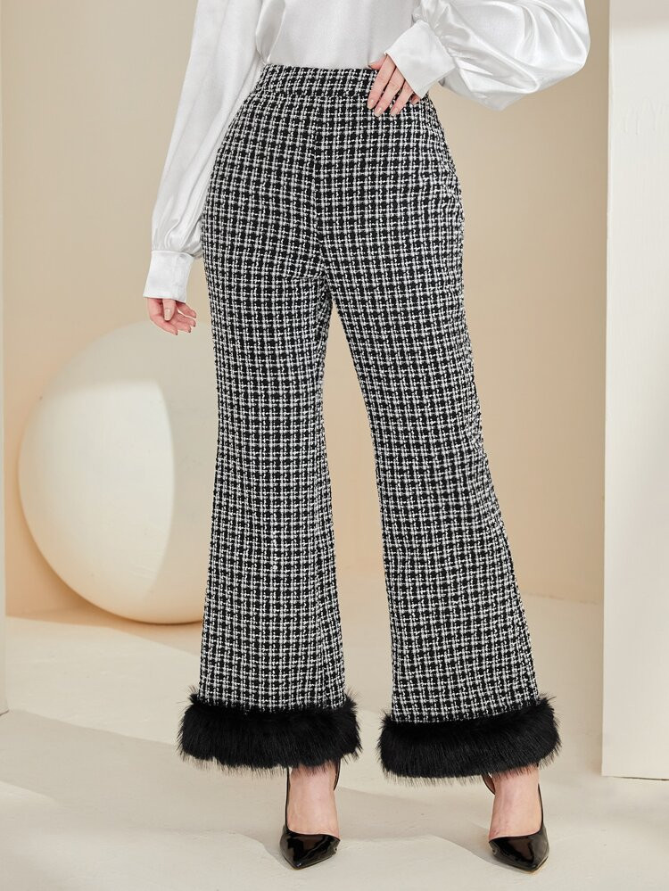 SHEIN High Waist Plaid Fuzzy Trim Flare Leg Pants | SHEIN