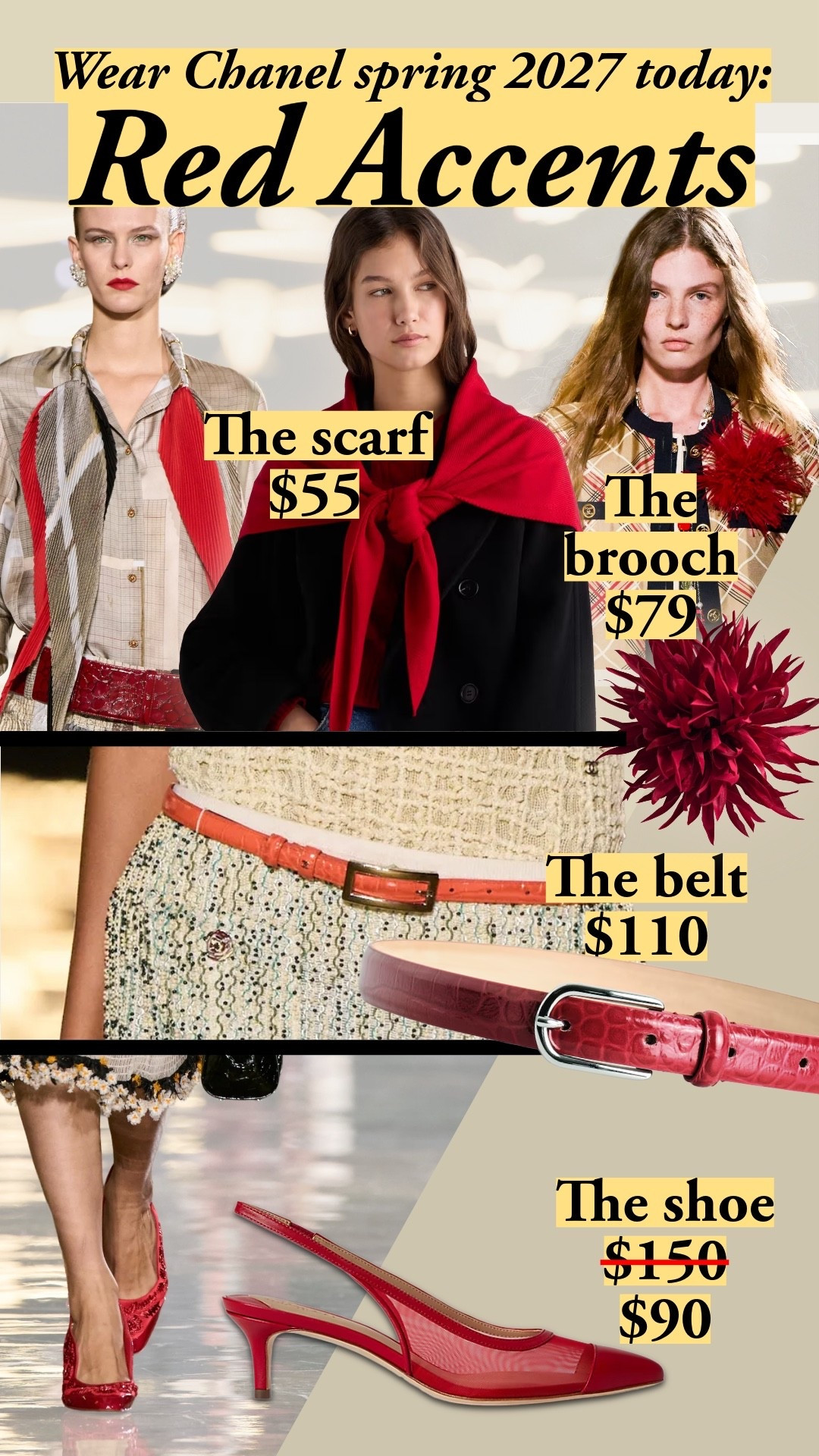 Chanel taught a master class in styling red. Mix your reds so it's dimensional, not matchy-matchy. Use different textures. Pair with khakis. The result is chic as ever, and it's testament to the timelessness of these accessories.