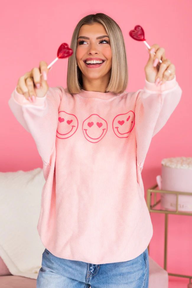 Heart Eyes Smiley Pink Corded Graphic Sweatshirt | The Pink Lily Boutique