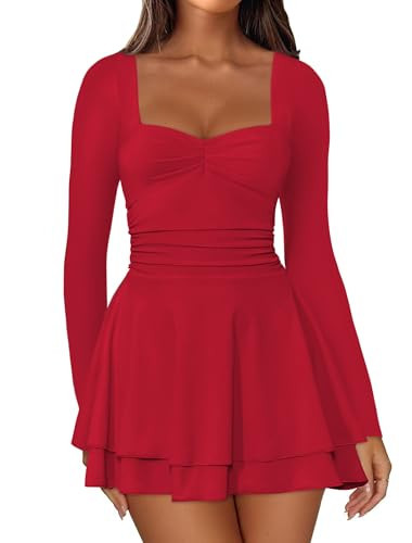 IWD Womens Long Sleeve Square Neck Mini Short Dresses Fit and Flare Cocktail Corset Dress Ruched Waist Tiered Ruffle Hem Christmas Party Dress Red Medium | Amazon (US)