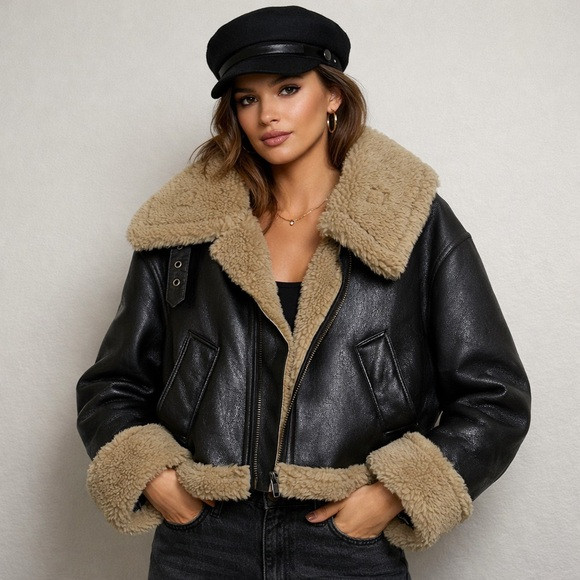 ZARA Brown Double Faced Faux Leather Shearling Sherpa Jacket Size Small | Poshmark
