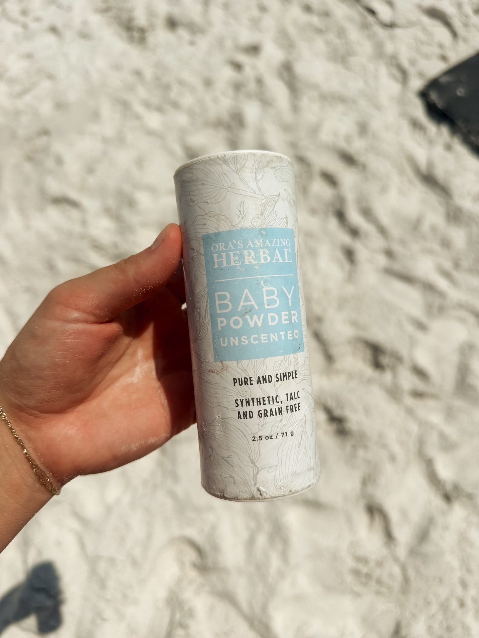 talc and grain free powder is a life saver for our sweet lake at the beach! 