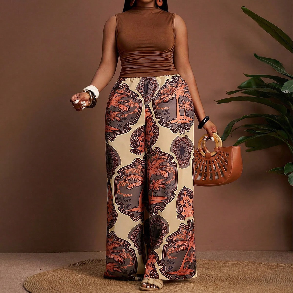 Veslaya Spring/Summer New Arrival Vacation Casual & Daily Wear & Beach & Bonfire Party Loose Plus Size Plus Size Women Long Pants With Multicolor Print | SHEIN