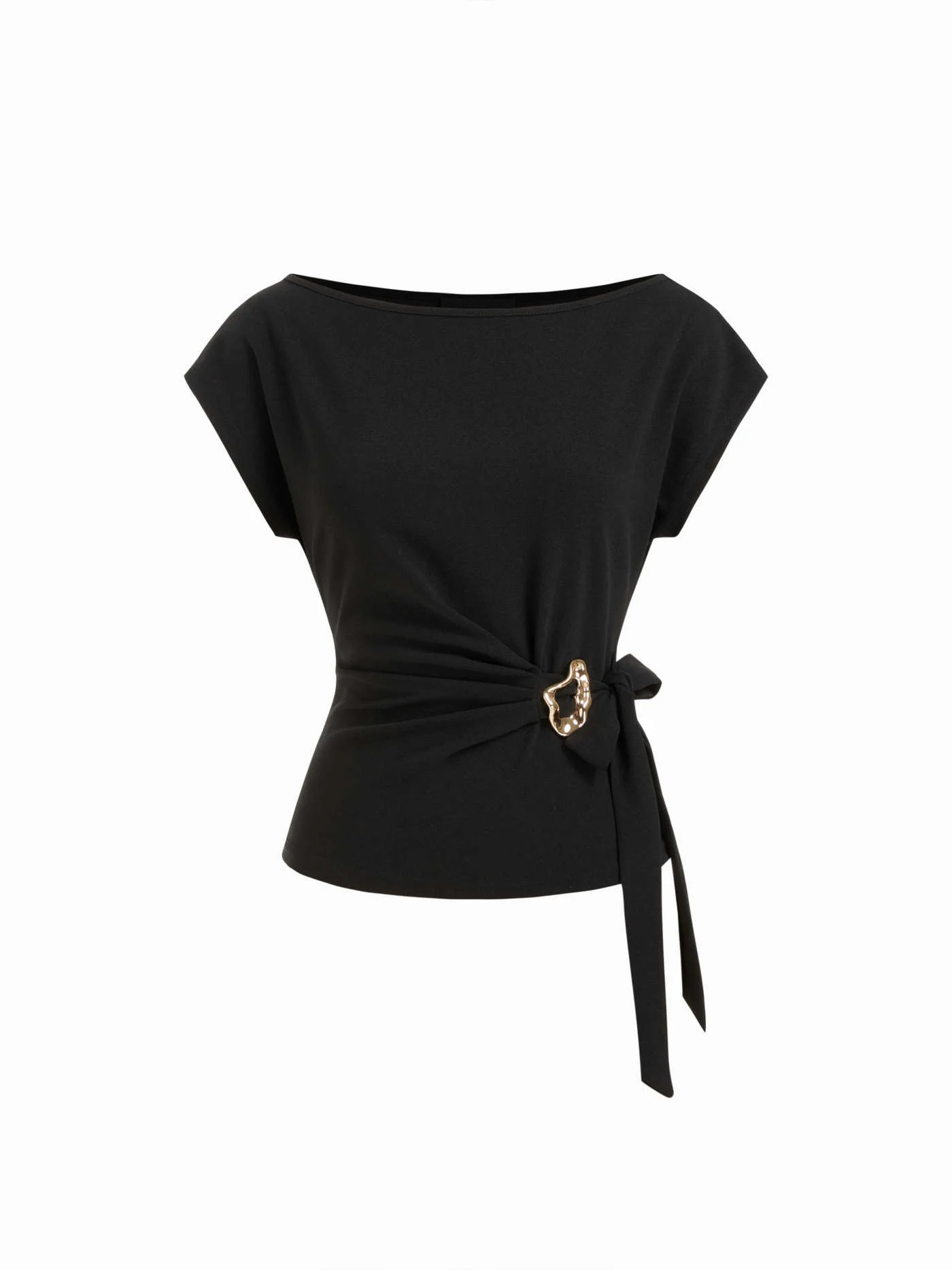 Knit Fabric Twist Knot Short Sleeve Metal Detail Tee For Daily Casual | Cider