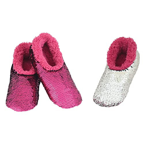 Snoozies Sequin Slippers for Women - Fancy Glitters, Comfy and Cozy Sparkly Non-Slip Womens Slippers Socks (Dk Pink/Silver, Large) | Amazon (US)
