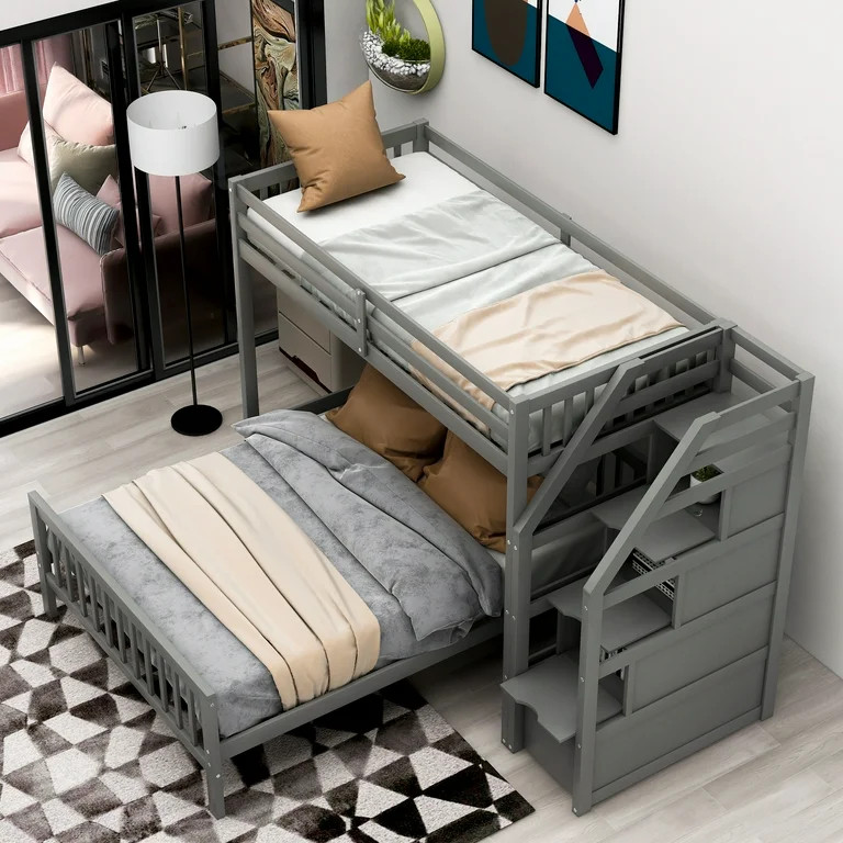 Euroco Wood Twin over Full Bunk Bed, Loft Bed with Moveable Platform Bed, Storage Staircase for K... | Walmart (US)
