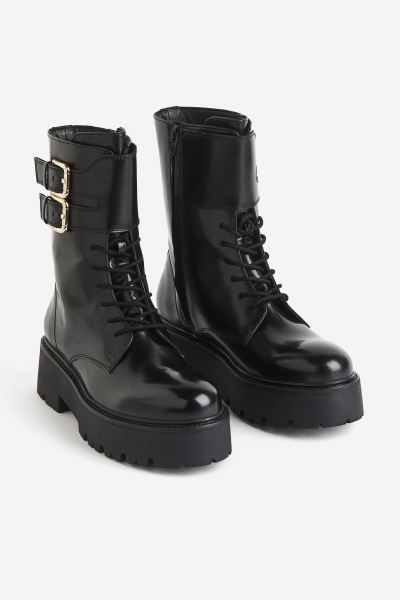 Lace-up Leather Boots - Black - Ladies | H&M US | H&M (US + CA)
