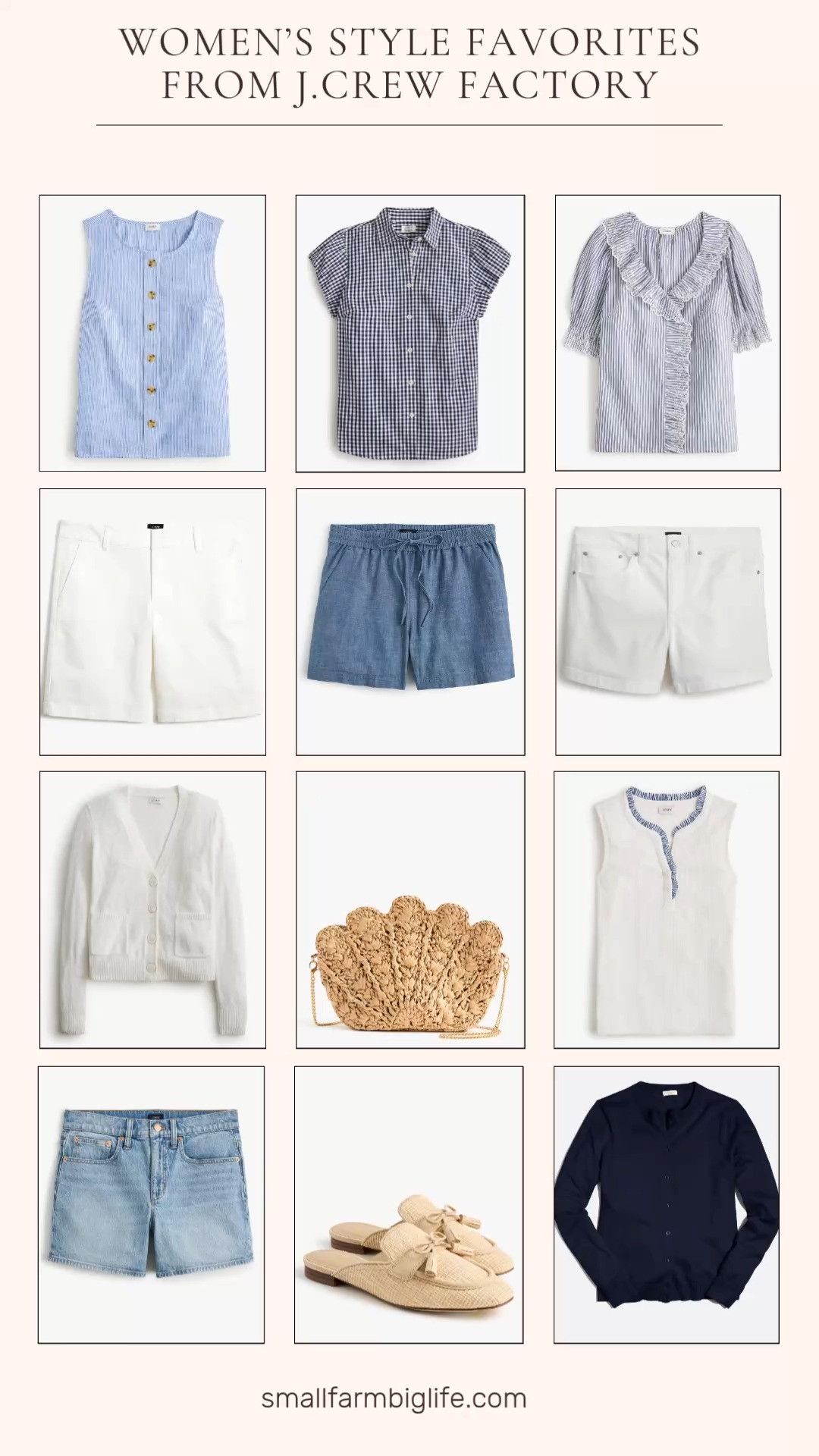 J.Crew Factory is delivering such beautiful spring and summer styles right now and I am obsessed with everything! From classic cotton cardigans and beach sweaters to ruffle trim tanks, eyelet tops, gingham button ups, and linen blend shells, plus the prettiest woven tassel mules and shell clutch with a gold chain, these are the effortless and polished pieces that make getting dressed for summer so easy and fun. All the beautiful navy, white, and natural tones that mix and match perfectly together. Linking everything below! 

 #LTKootd #LTKOver40 #LTKTravel