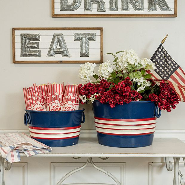 Americana Striped Metal Bucket Set of 2 | Antique Farm House