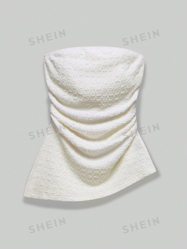 SHEIN EZwear Textured Solid Color Pleated Strapless Women Top For Spring/Summer | SHEIN