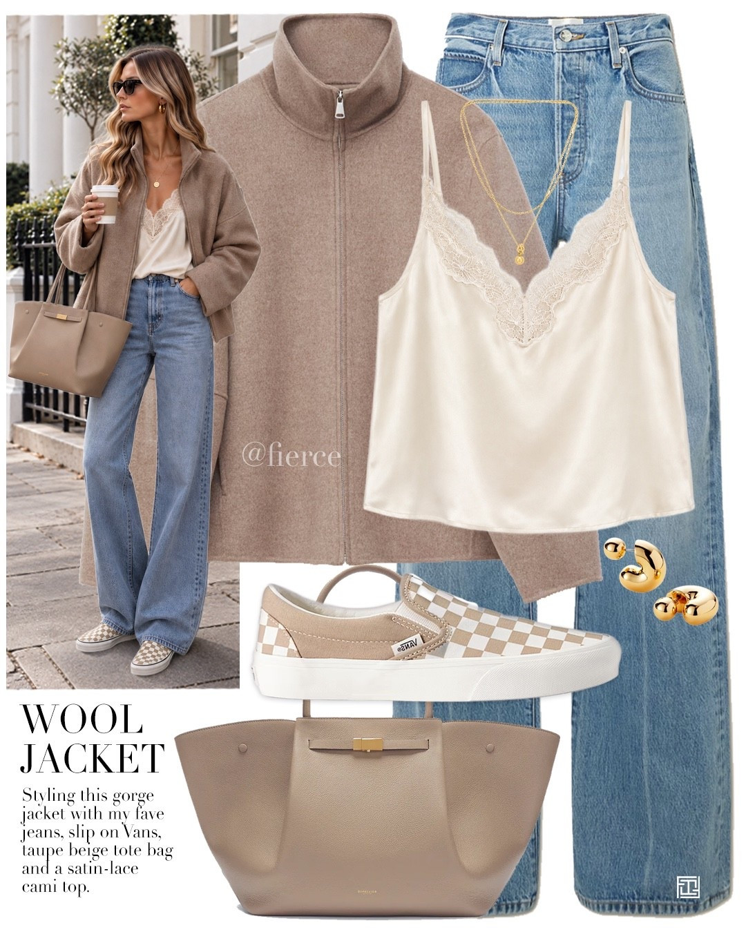 Taupe beige wool jacket blue jeans satin lace top vans slip on sneakers taupe beige tote bag

#LTKuk #LTKautumn #LTKeurope