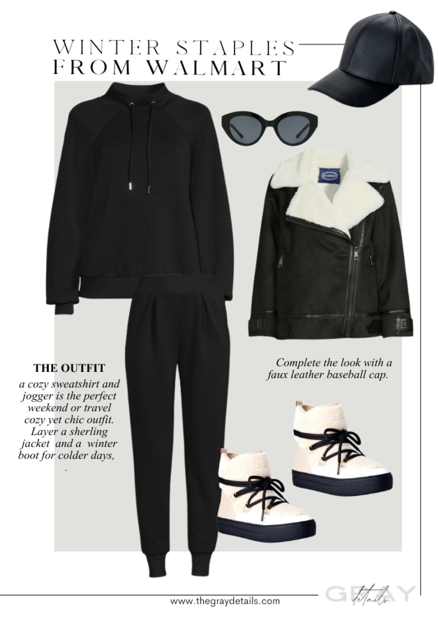 a cozy sweatshirt and jogger is the perfect weekend or travel cozy yet chic outfit. Layer a sherling jacket  and a  winter boot for colder days.   Complete the look with a faux leather baseball cap

#LTKtravel #LTKunder50 #LTKunder100