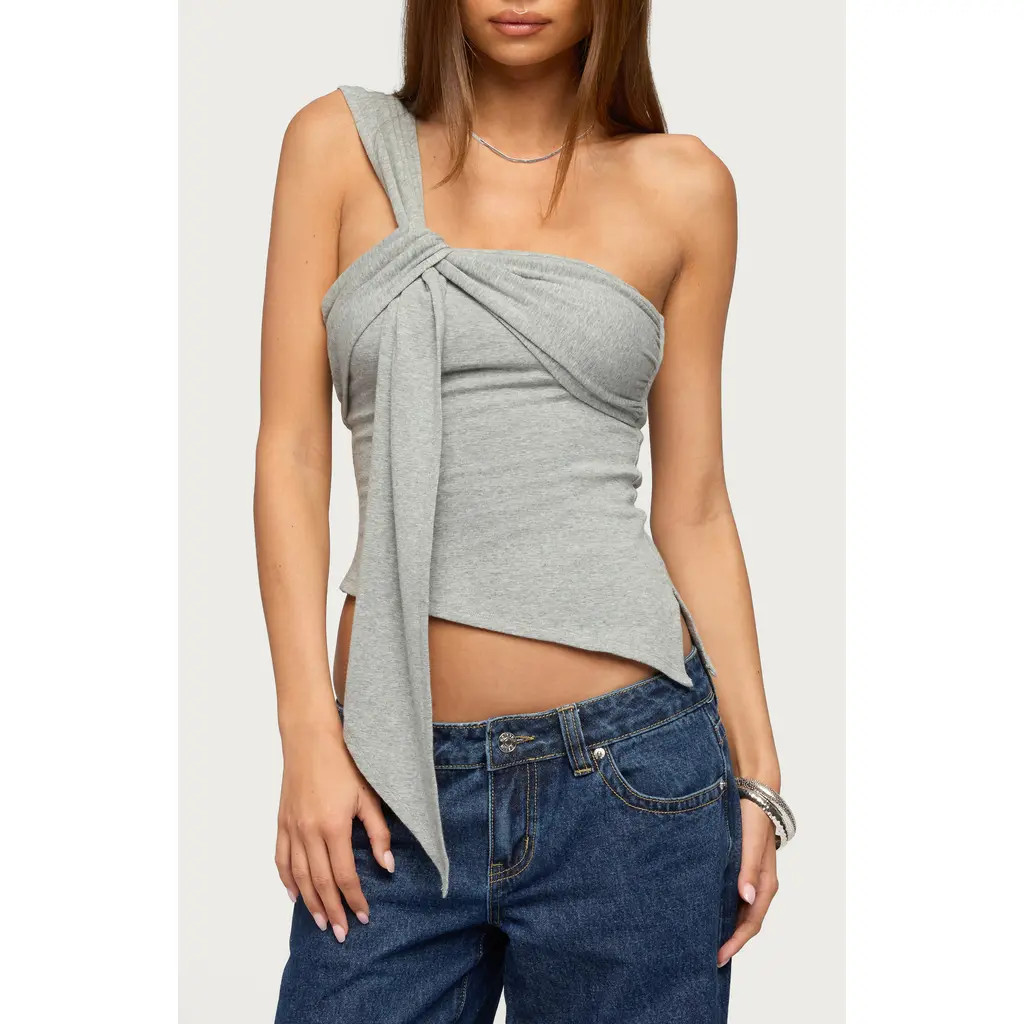 EDIKTED Zoie Draped Tie Shoulder Top in Gray-Melange at Nordstrom, Size Medium | Nordstrom