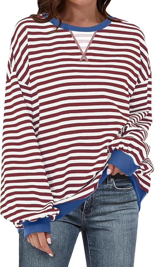 UEU Women Oversized Striped Crewneck Sweatshirt Long Sleeve Color Block Pullover Tops Casual Loos... | Amazon (US)