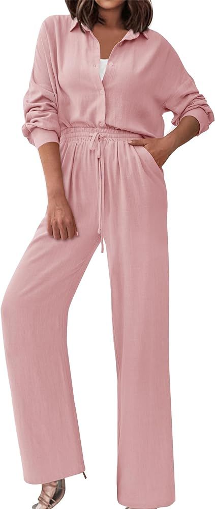 dowerme Women Spring 2 Piece Outfits 2024 Casual Tracksuit Button Down Shirts Drawstring Long Pan... | Amazon (US)