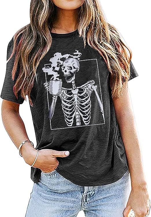 Hot Coffee Skeleton Shirt Women Skeleton T Shirt Vintage Funny Skeleton Graphic Tees Summer Casua... | Amazon (US)