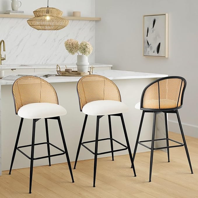 Bar Stools Set of 3, 360° Swivel Upholstered Barstools with Rattan Full Back and Metal Legs, PU ... | Amazon (US)