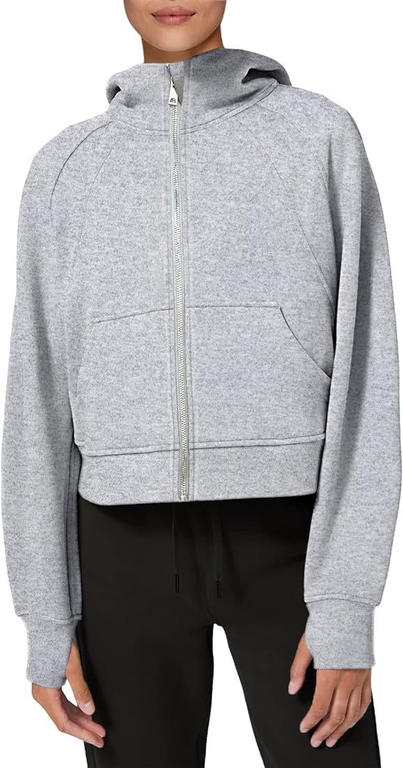 AiMgFun Womens Zip Up Hooded Sweatshirts Casual Long Sleeve Hoodie Fleece Lined Collar Crop Top with | Amazon (US)