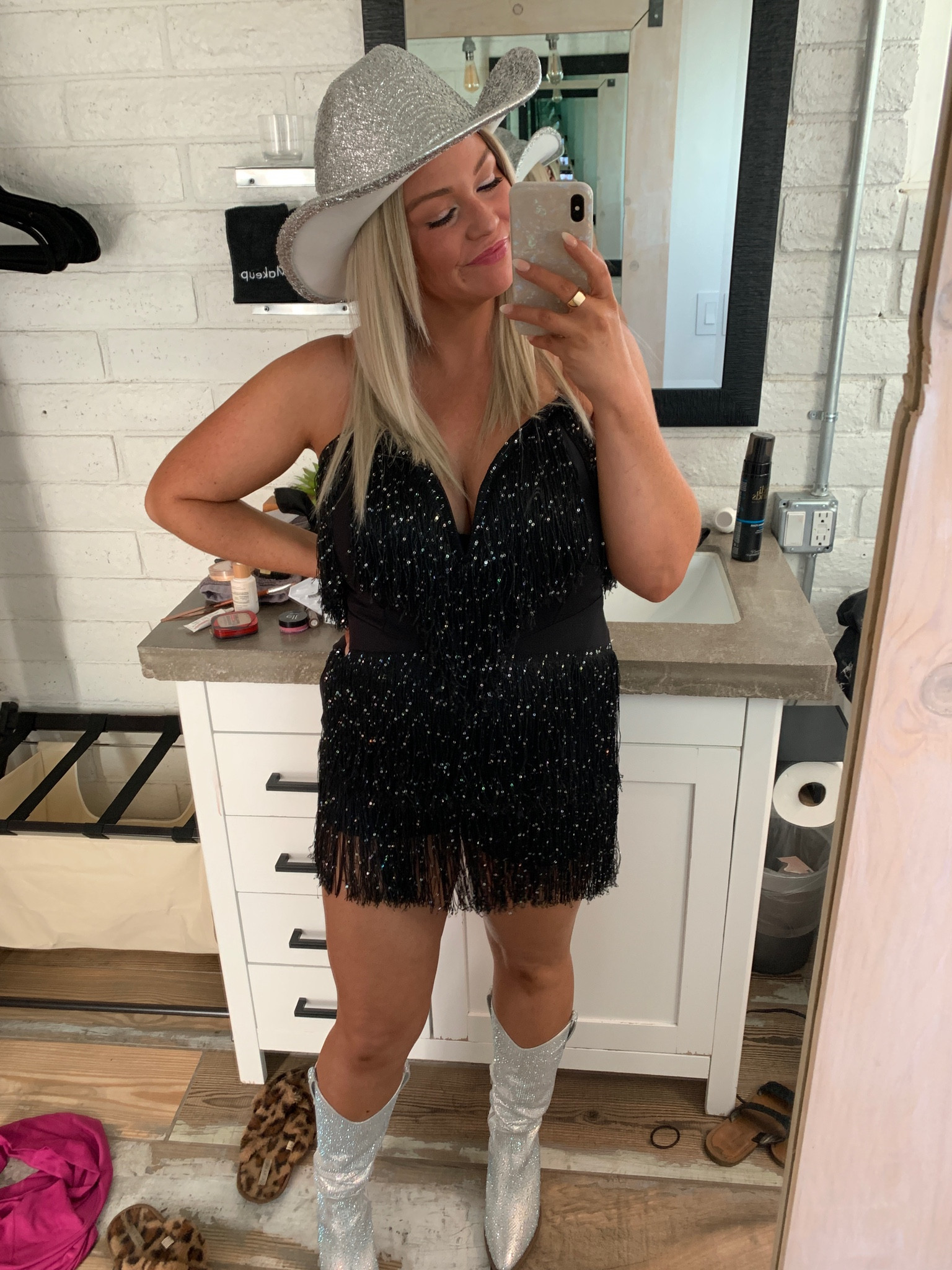 fringe sequin romper #discocowgirl #rhinestonecowgirl #erastouroutfit #countryconcertoutfit 