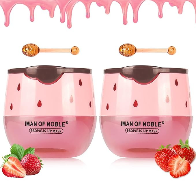 2PCS Strawberry Sleeping Lip Mask,Bee Balm Lip Balm Honey Pot Propolis Moisturizing Lip Balm with... | Amazon (US)