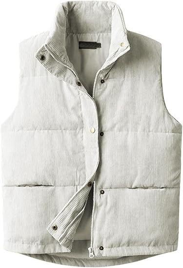 Womens Corduroy Puffer Vest Sleeveless Stand Collar Zip Up Snap Lightweight Jacket Padded Gilet O... | Amazon (US)