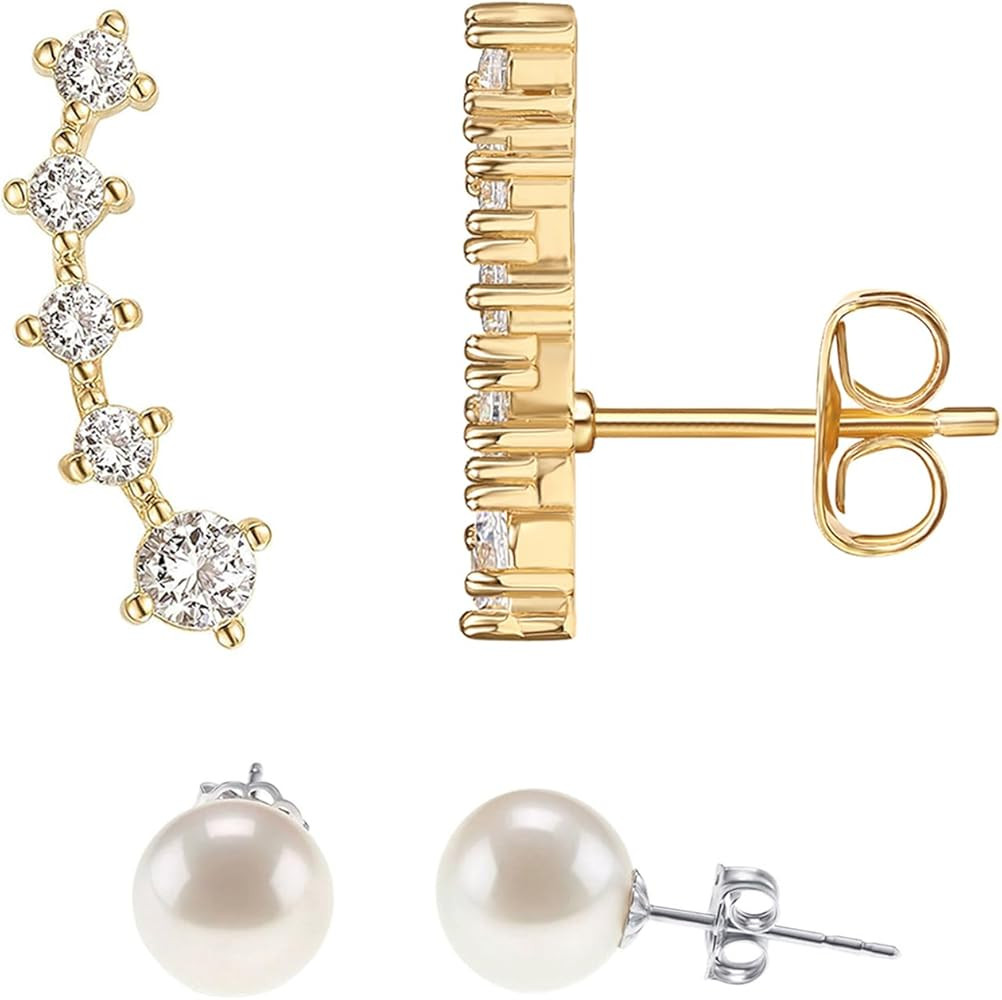 PAVOI 14K Gold Plated 925 Sterling Silver Post Cubic Zirconia Crawler Earrings Pearl Studs Set | ... | Amazon (US)